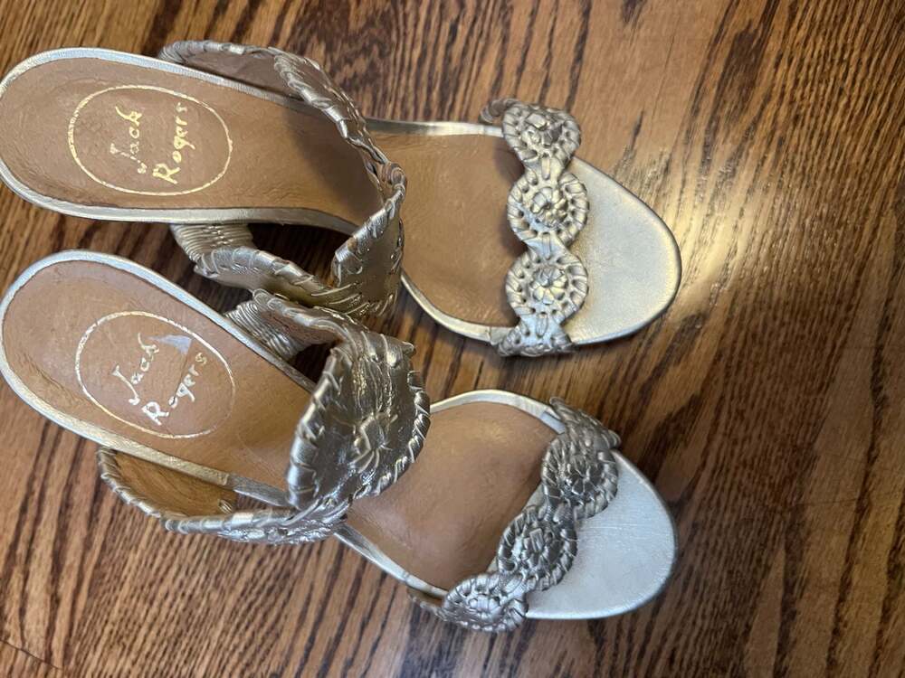Jack Rogers Gold Metallic Leather Whipstitch Wedge Sandals